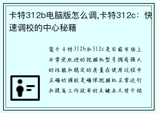 卡特312b电脑版怎么调,卡特312c：快速调校的中心秘籍